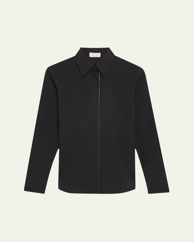 Monili Trim Down Placket Poplin Top